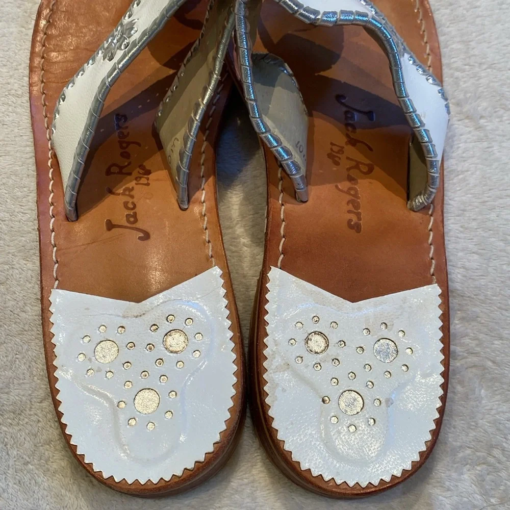 Jack Rogers Navajo White silver whipstitch leather sandals Sz 10 M - Picture 4 of 9